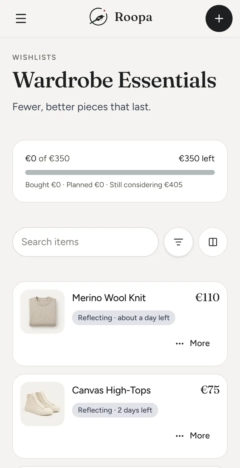 A wishlist where each item is still reflecting, with the time left shown.